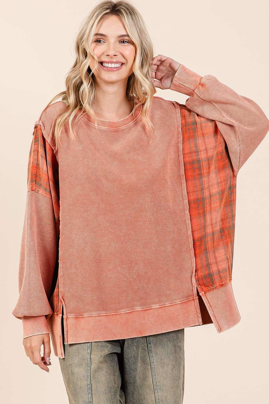 Pam Plaid Panel Mineral Wash Pullover ~ Faded Brick