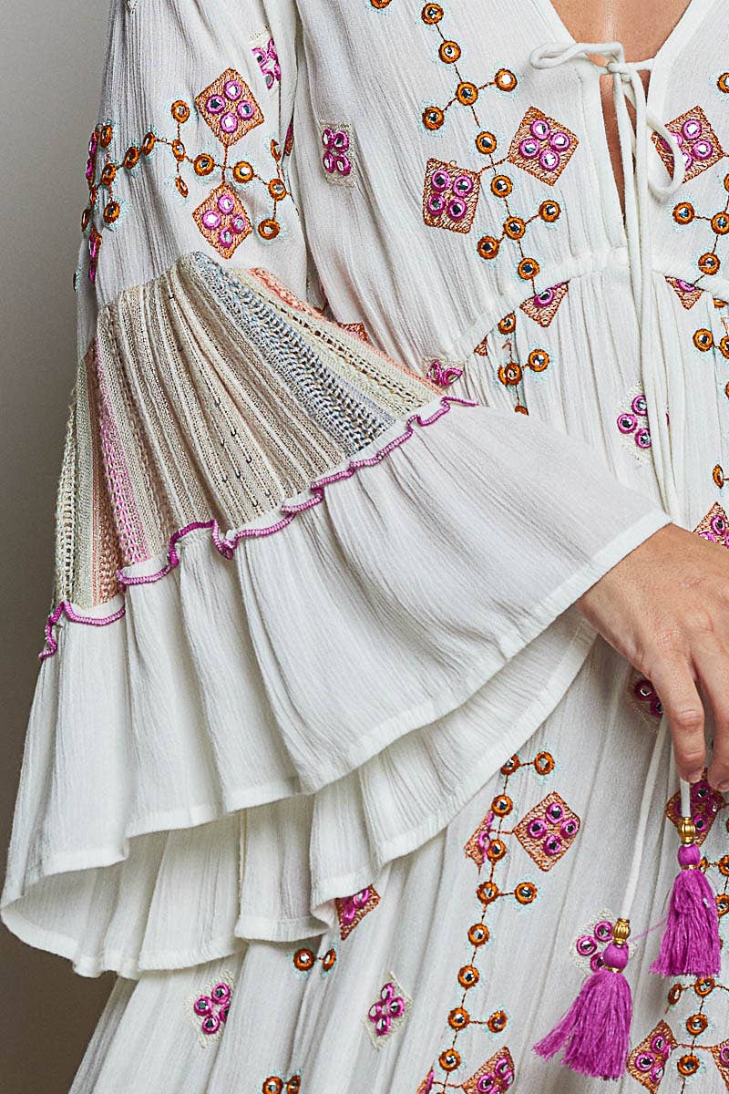 Boho V-Neck Tassel Merrow Edge Cotton Tiered Dress ~ Ivory