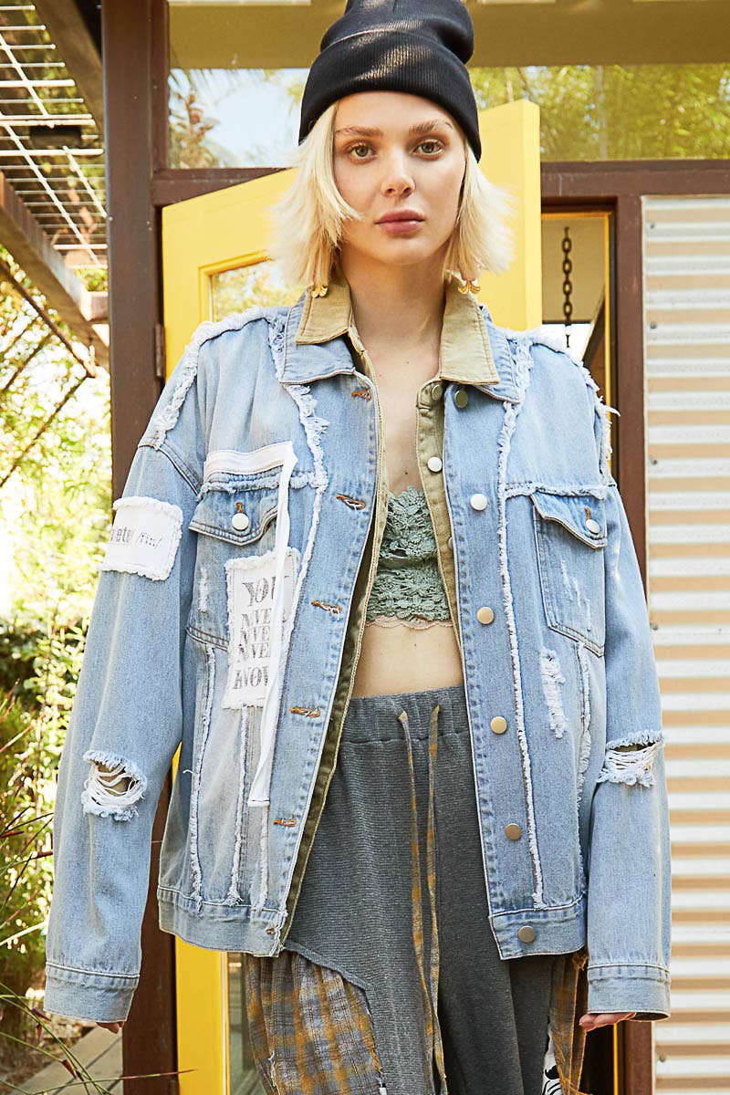 Remma Oversize Patch Detail Frayed Edge Jacket ~ Light Denim