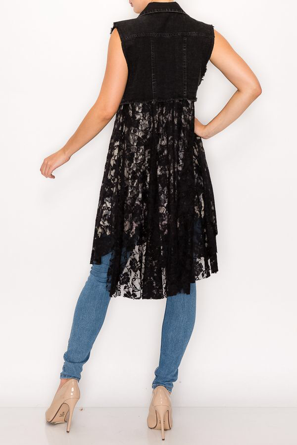 Olivia Lace Layered Cropped Denim Vest ~ Black