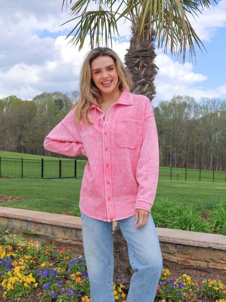 Simply Southern Acid Wash Shacket ~ Pink