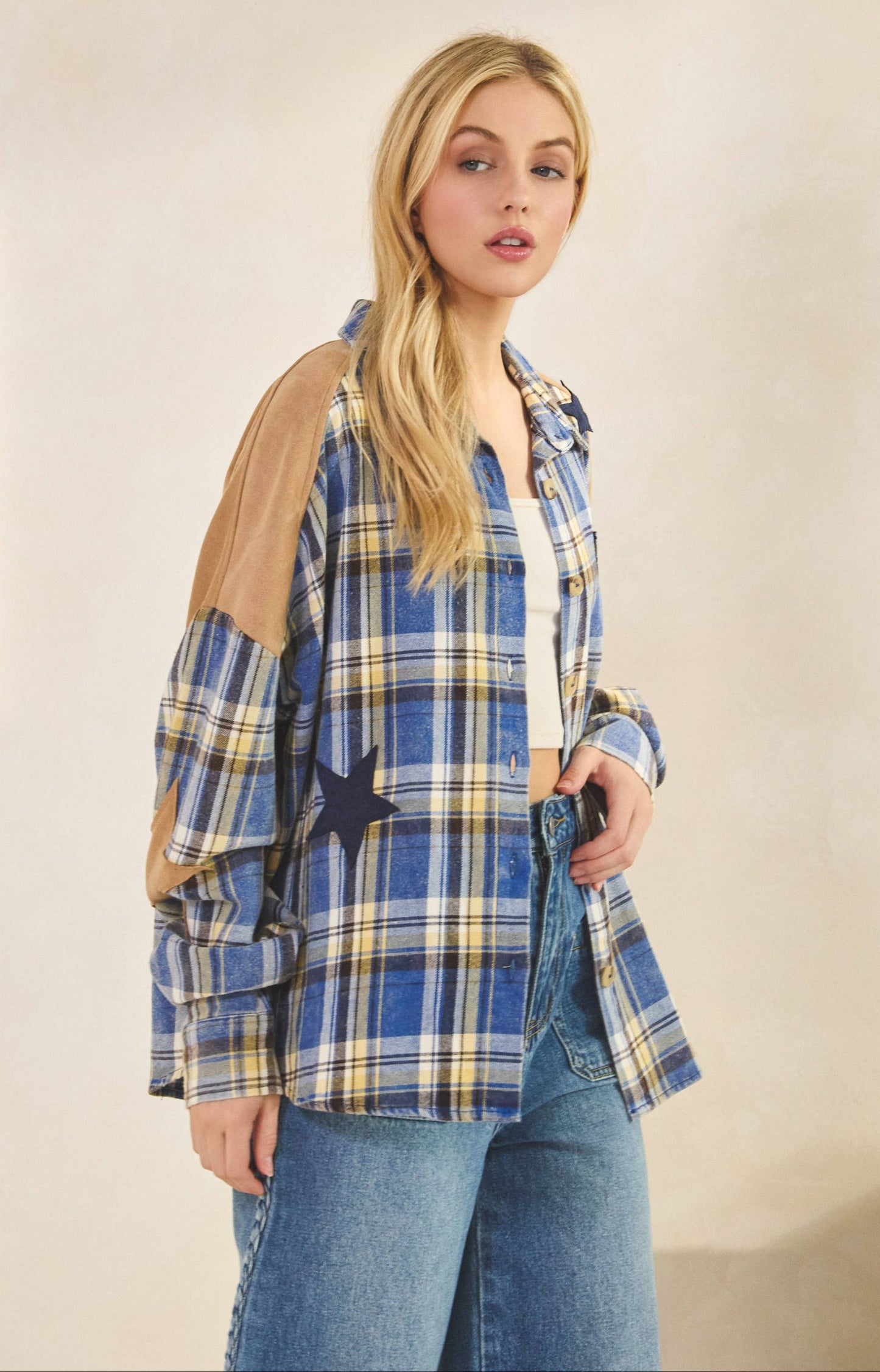 Skylar Star Patchwork Plaid Flannel Shirt ~ Blue