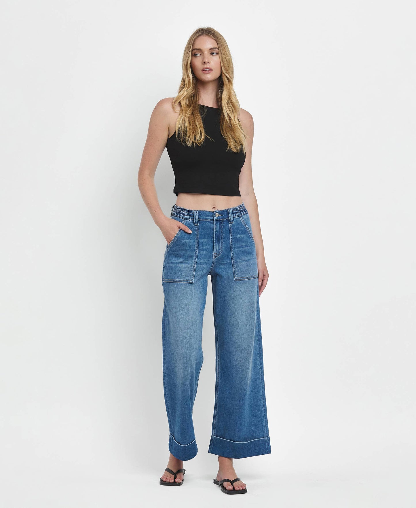 Eva High Rise Double Cuffed Baggy Wide Jeans ~ Dark Denim
