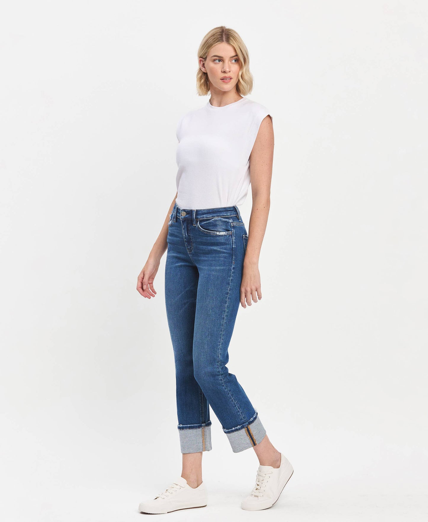 Jeanne High Rise Cuffed Slim Straight Jeans ~ Medium Denim