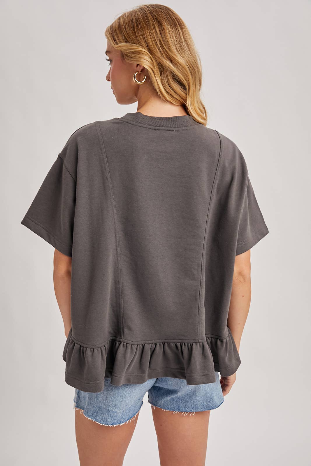 Regan Ruffled Peplum Hem Swing Knit Top ~ Ash