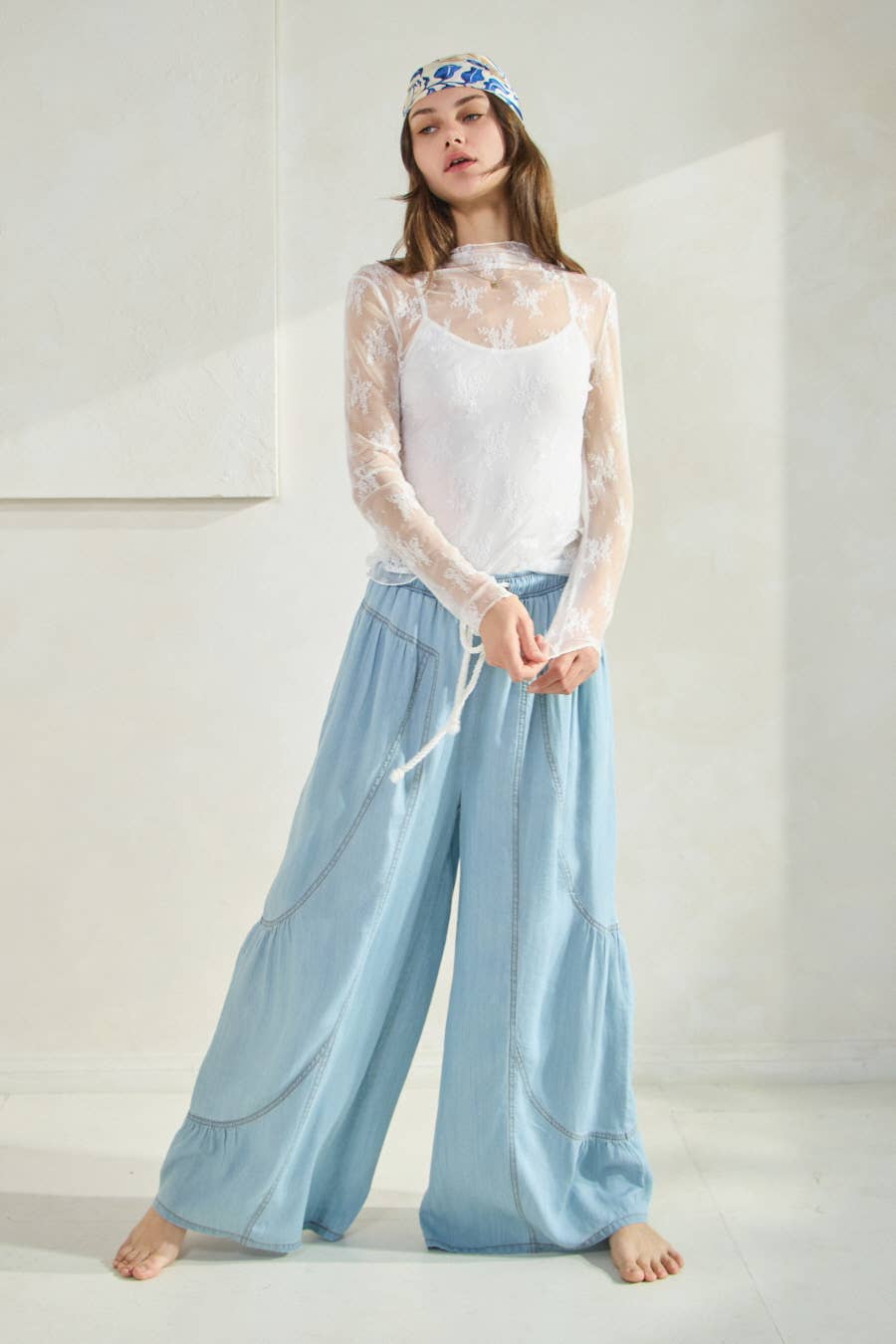 Carmon Chambray Wide Palazzo Pants ~ Light Denim