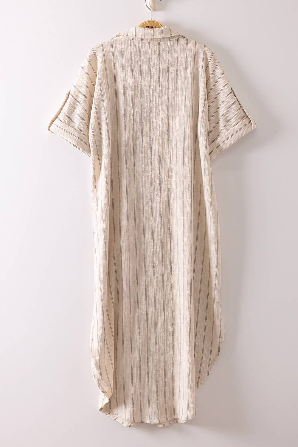 Shelia Striped Linen Midi Button Down Shirt Dress ~ Oatmeal
