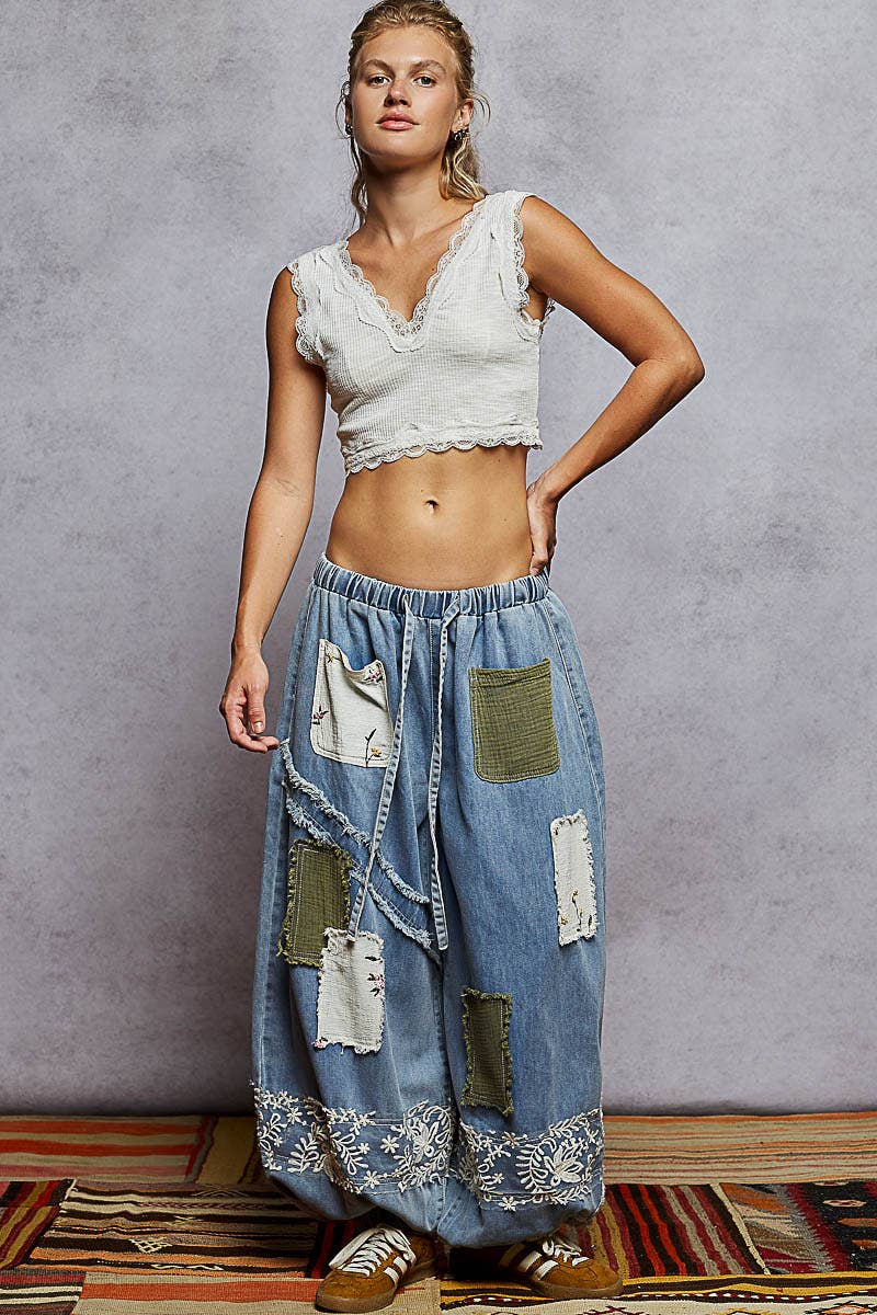 POL Floral Patch Lace Jogger Pant ~ Light Denim