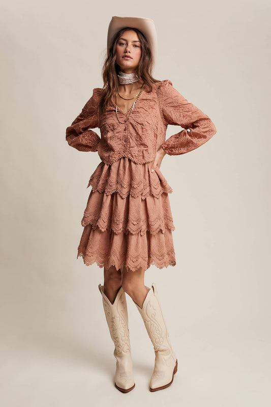 Tamara Tiered Scallop Embroidered Dress ~ Terracotta
