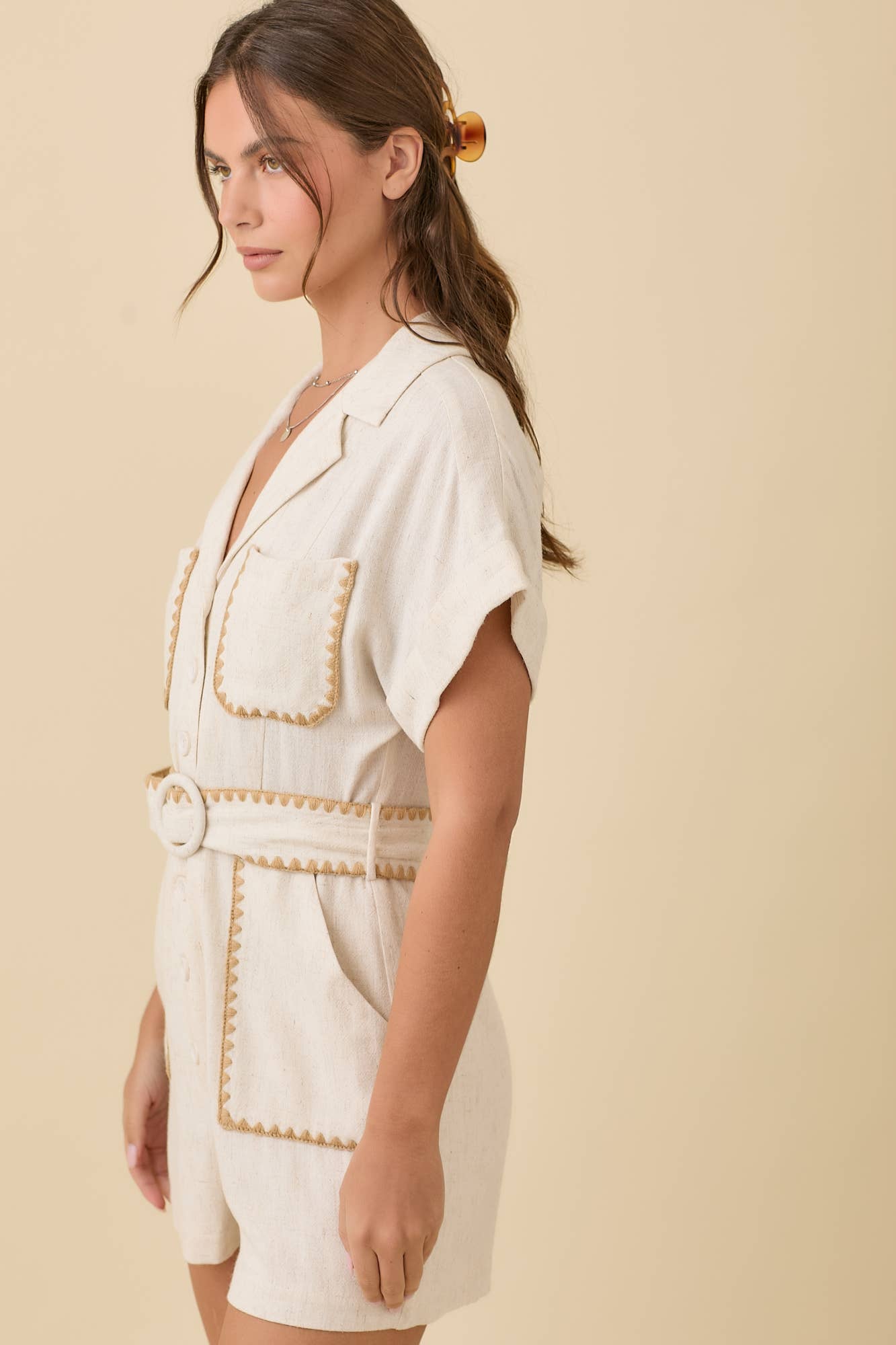 Simone Lapel Collar Button Down Belted Romper ~ Natural