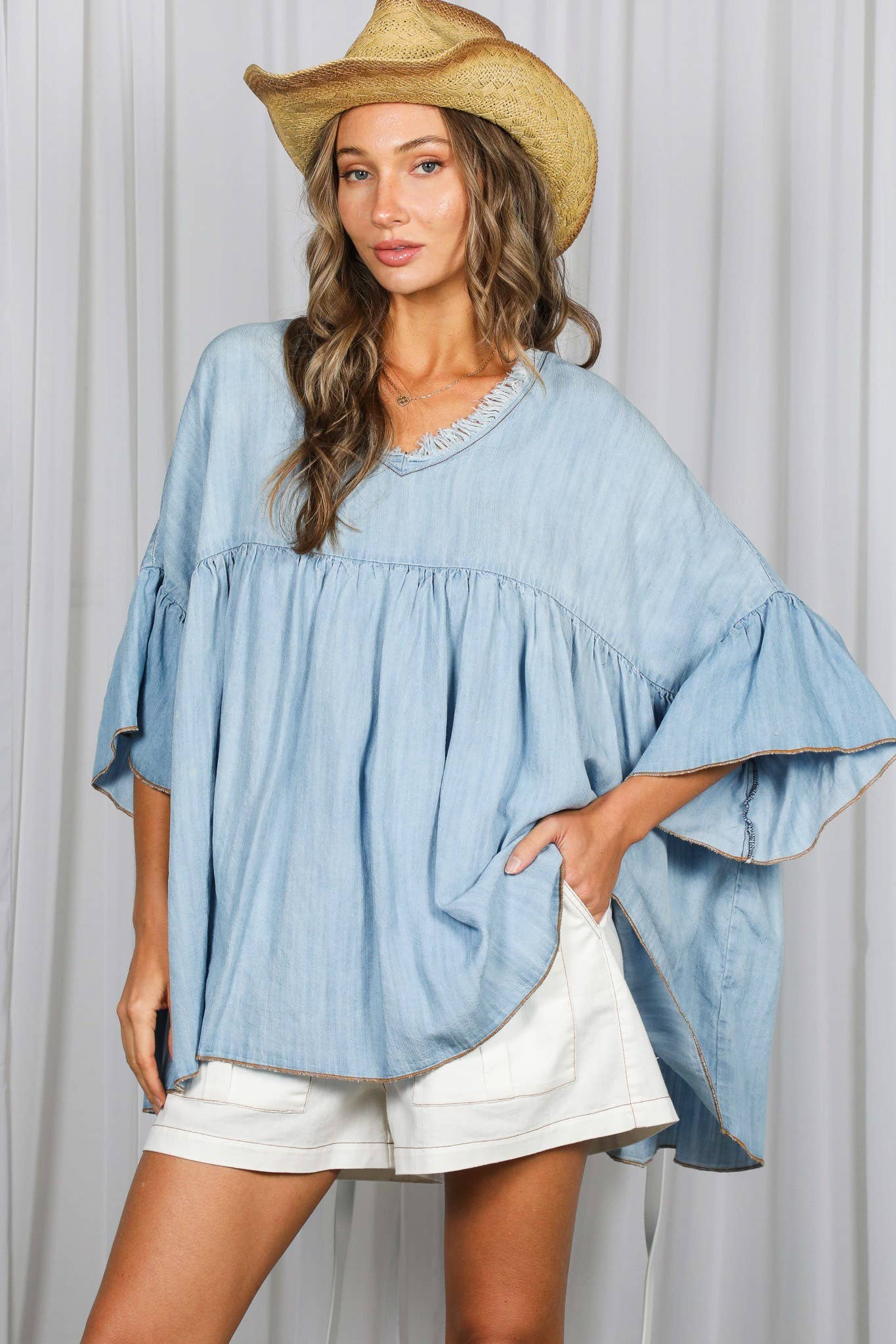 Tia V-Neck Ruffled Tencel Chambray Loose Top ~ Light Denim