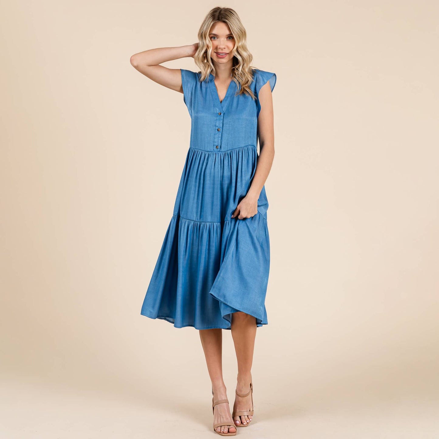 Terry Tiered Flutter Sleeve Midi Dress ~ Chambray