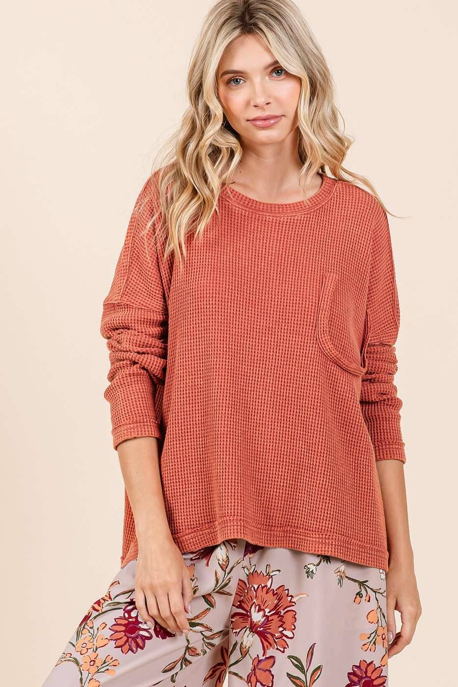Myra Mineral Wash Cutout Pocket Waffle Top ~ Rust