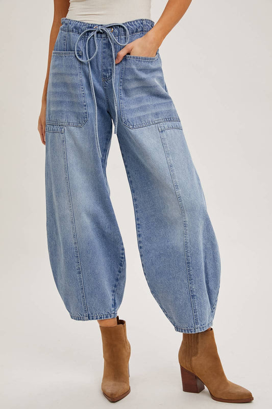 Maya Mid Rise Drawstrings Barrel Jeans ~ Light Denim