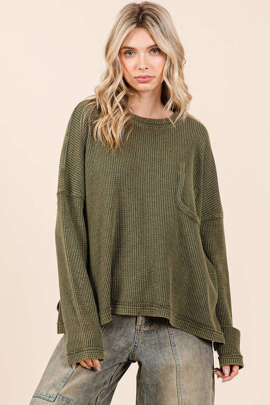 Myra Mineral Wash Cutout Pocket Waffle Top ~ Olive