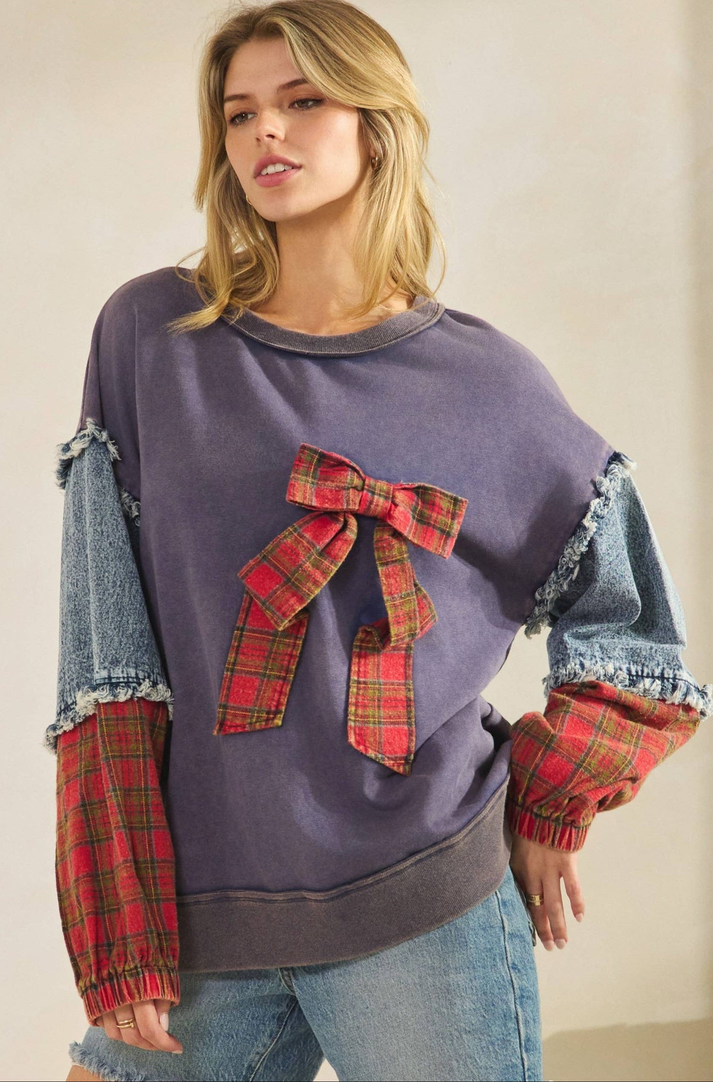 Pamela Plaid Bow Denim Sleeve Pullover ~ Navy