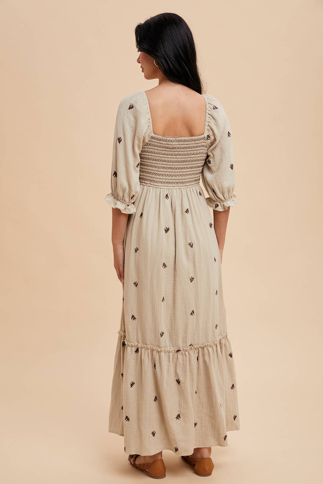 Emma Embroidered Cotton Gauze Smocked Maxi Dress ~ Linen