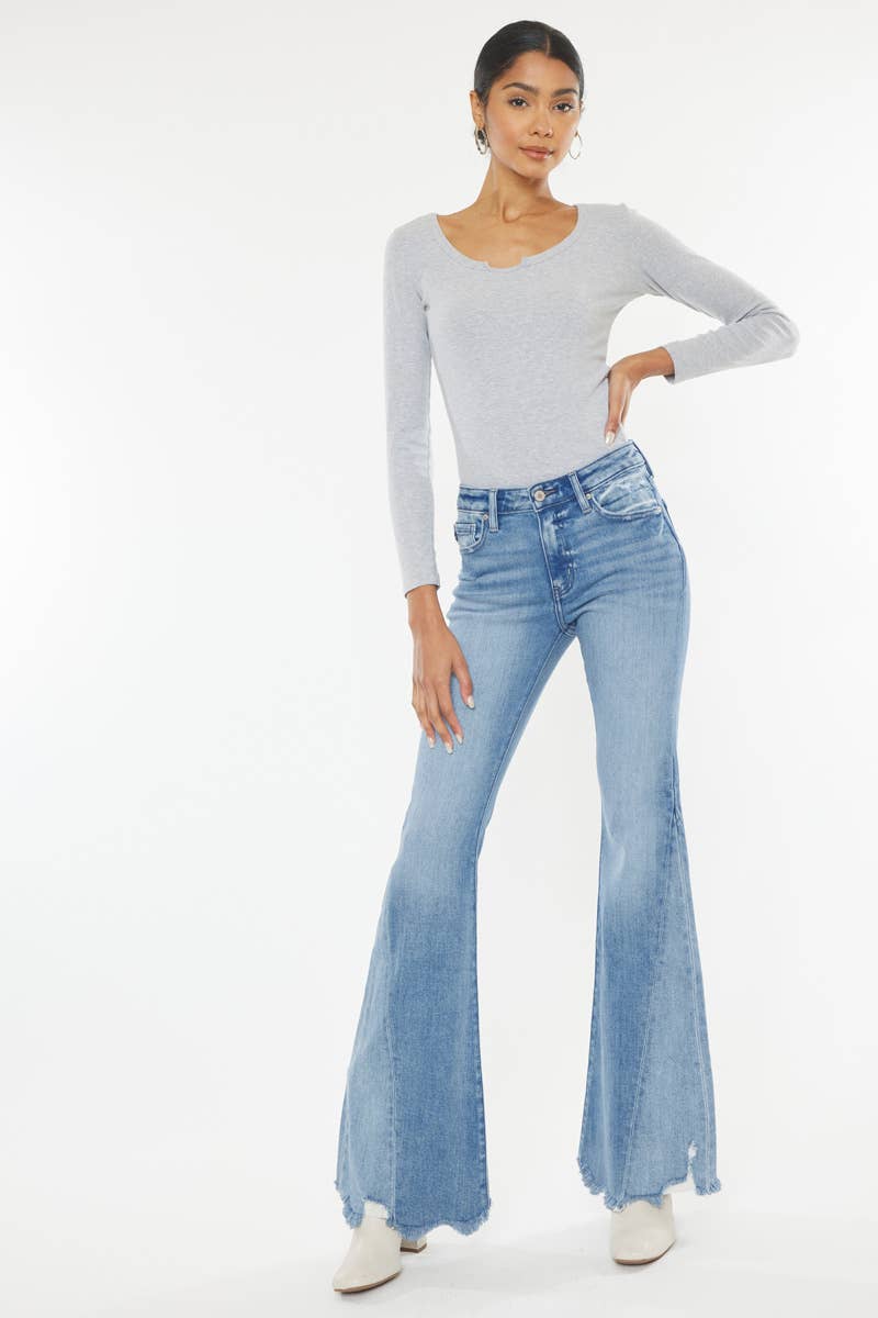 Stacey Mid Rise Raw Hem Flare Jeans ~ Light Denim