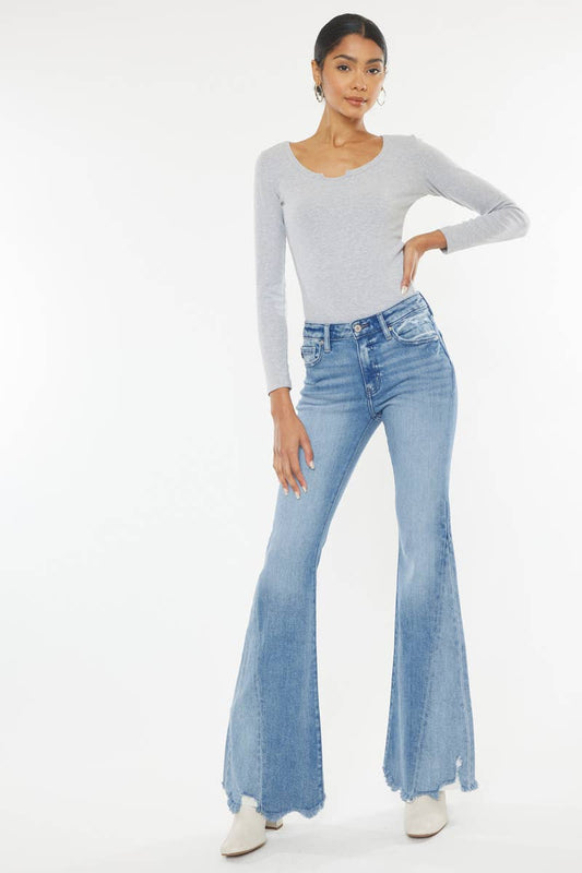 Stacey Mid Rise Raw Hem Flare Jeans ~ Light Denim