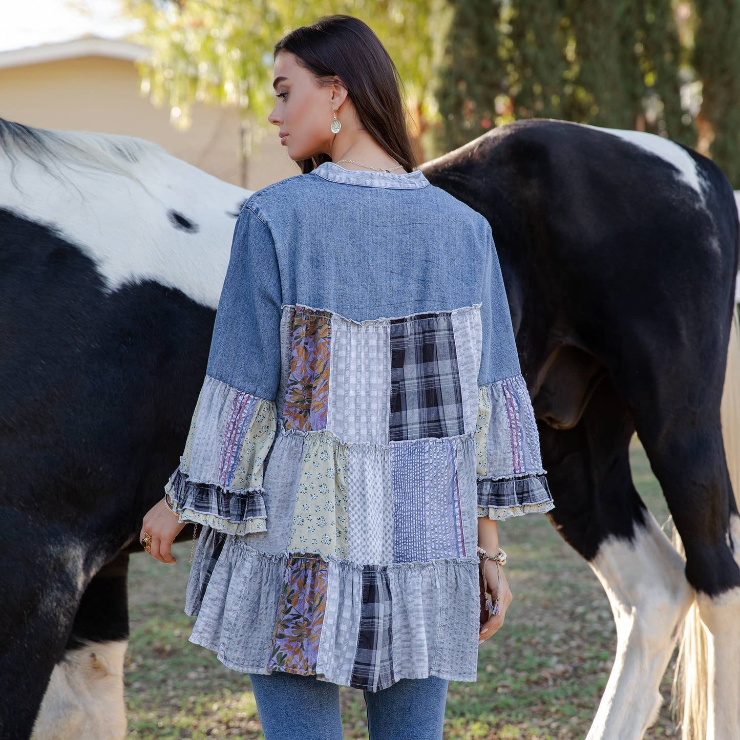 Amelia 3/4 Sleeve Jhabla Patchwork Top - Light Denim