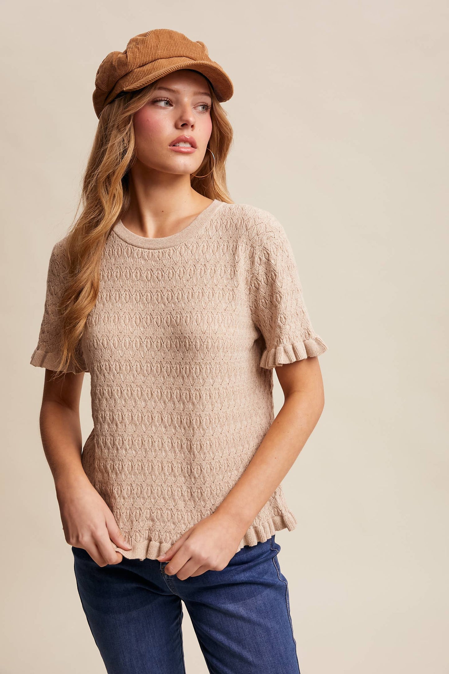 Raquel Ruffle Hem Textured Knit Top ~ Oatmeal