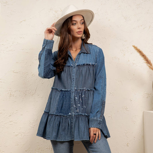 Vintage Style Distressed Jhabla Top ~ Dark Denim