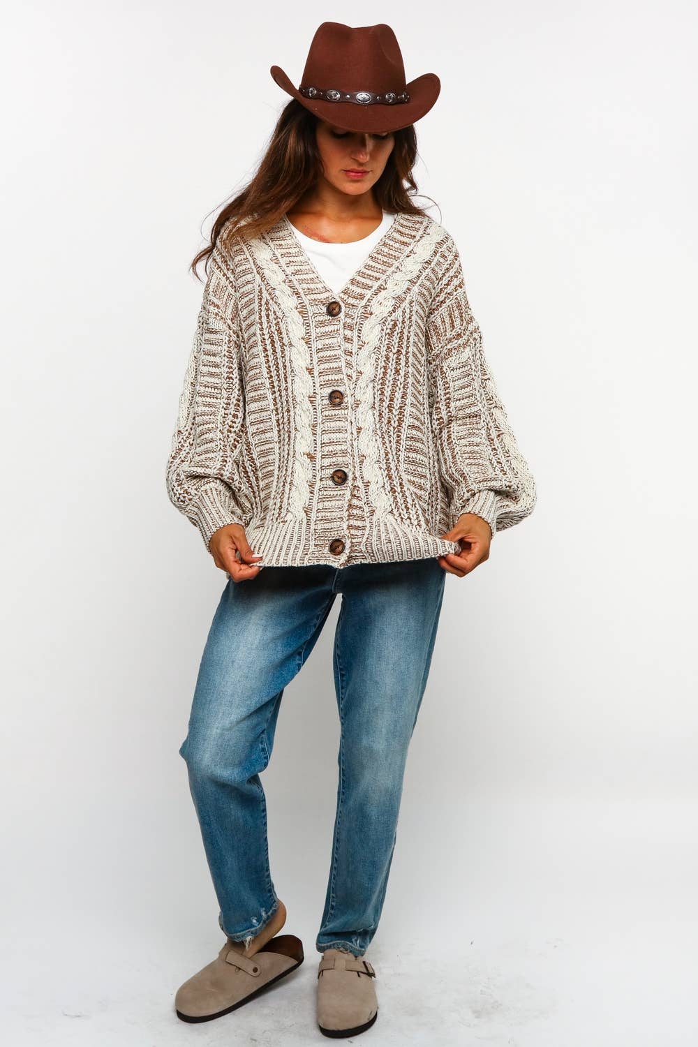 Tessa Two Tone Cable Chunky Sweater Cardigan ~ Oatmeal/Taupe