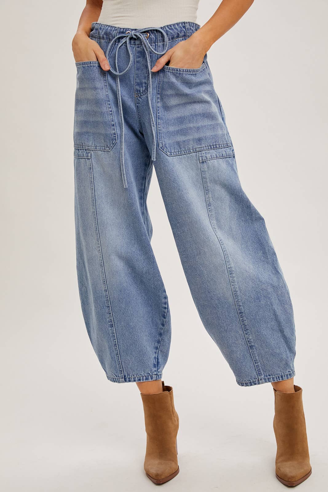 Maya Mid Rise Drawstrings Barrel Jeans ~ Light Denim