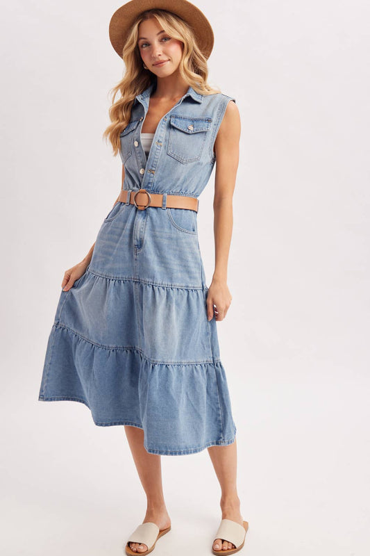 Devon Tiered Sleeveless Shirt Midi Dress ~ Light Denim