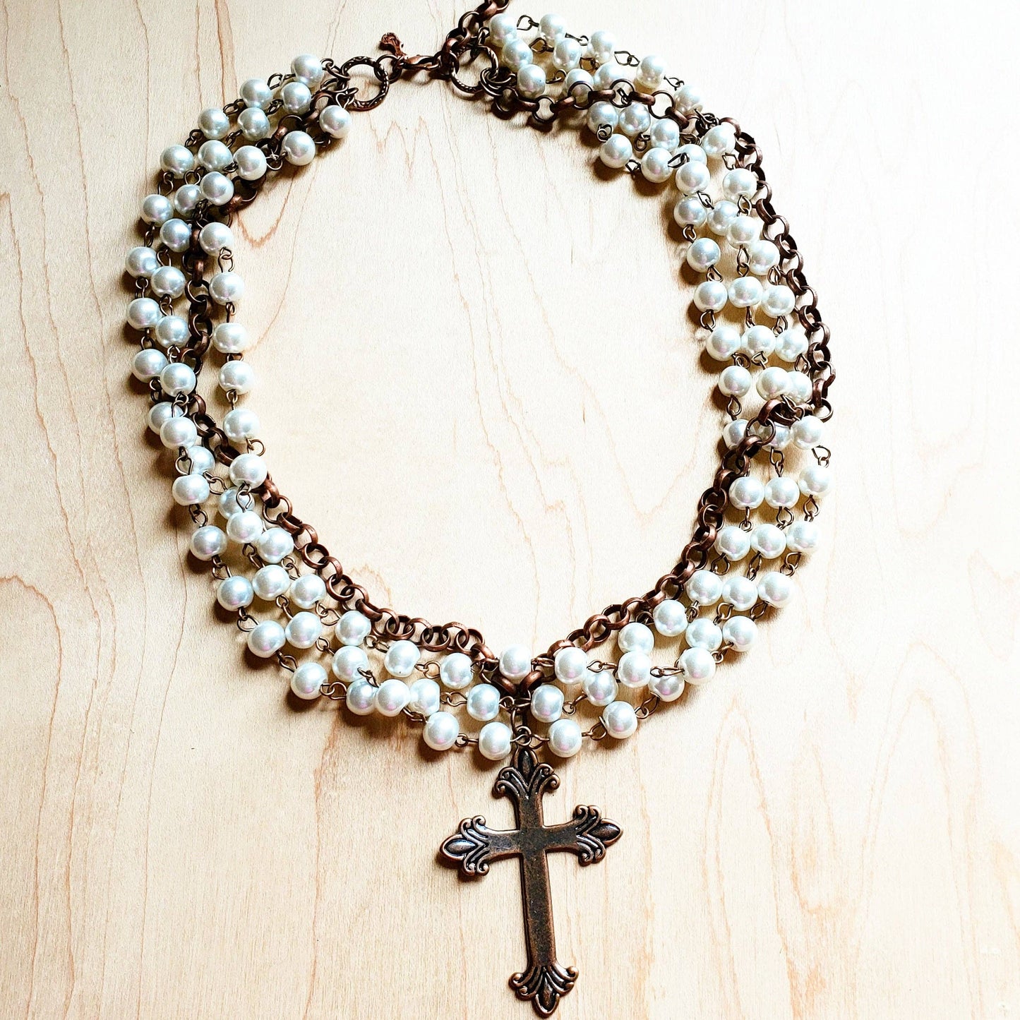 Pearl & Copper Beaded Cross Necklace