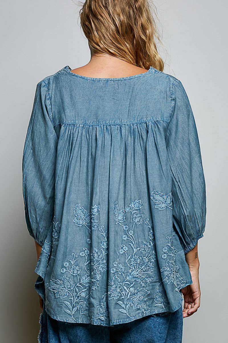 Artisanal Charm Floral Embroidered Blouse V-Neck Top ~ Blue