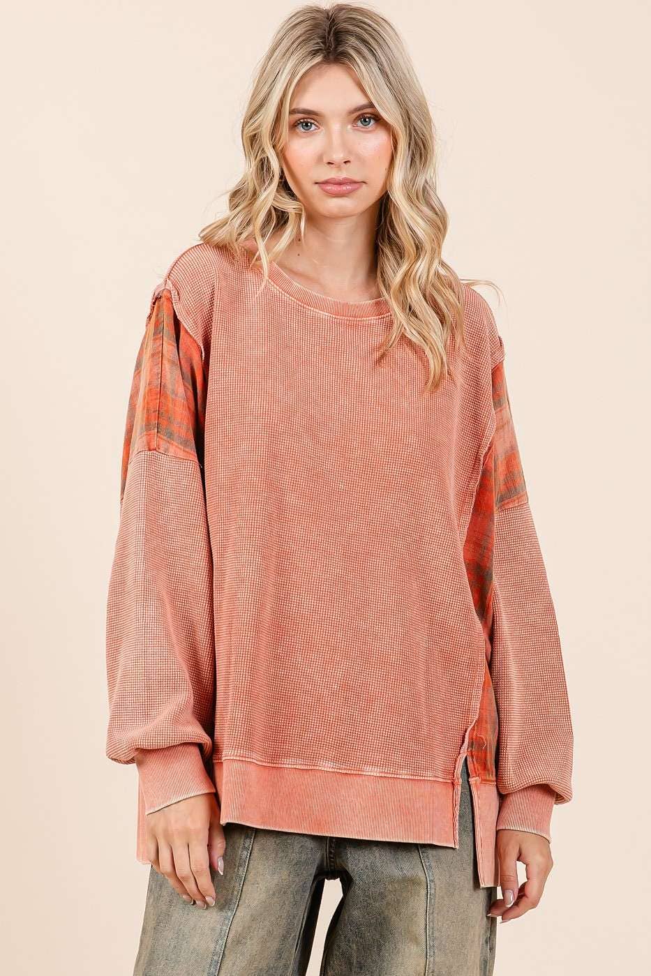 Pam Plaid Panel Mineral Wash Pullover ~ Faded Brick