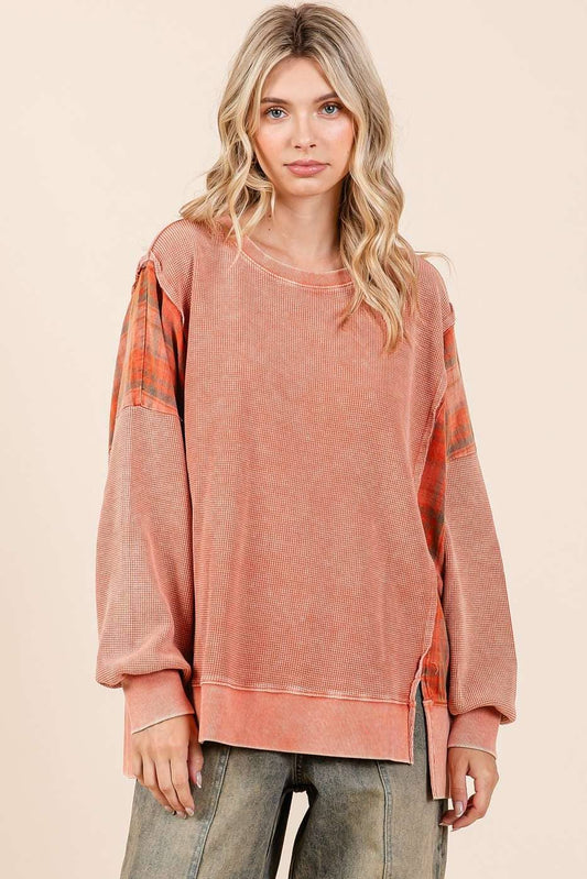 Pam Plaid Panel Mineral Wash Pullover ~ Faded Brick