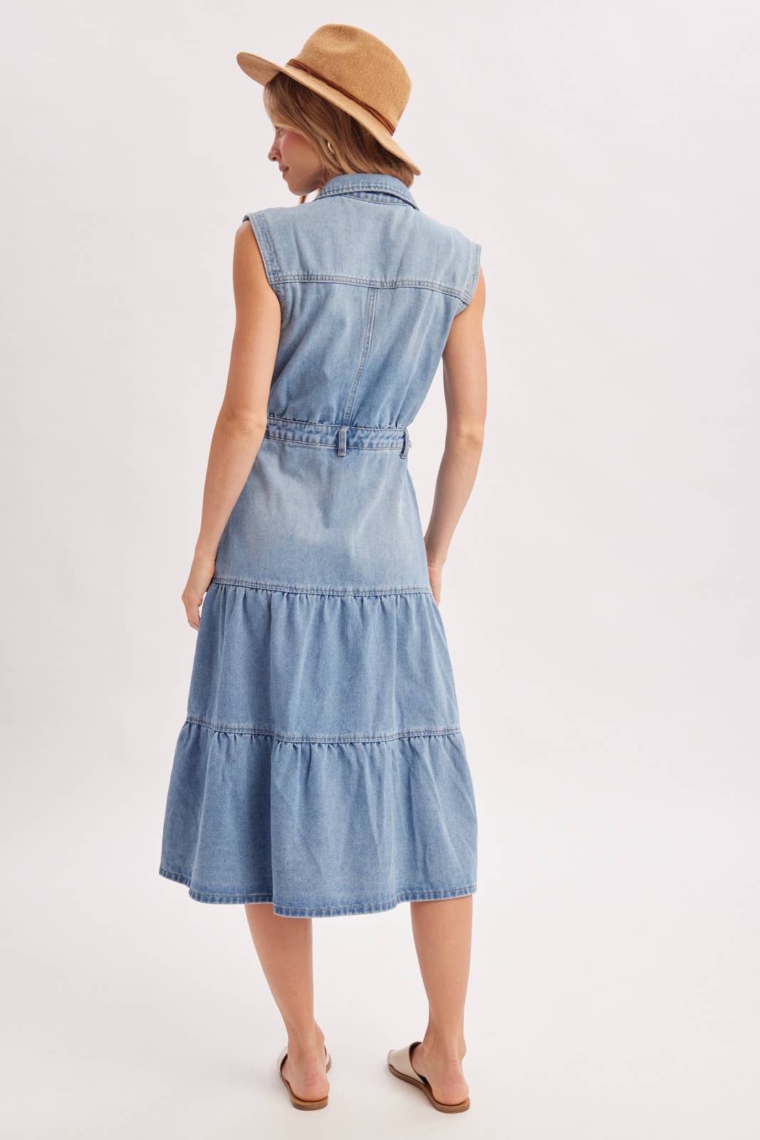 Devon Tiered Sleeveless Shirt Midi Dress ~ Light Denim