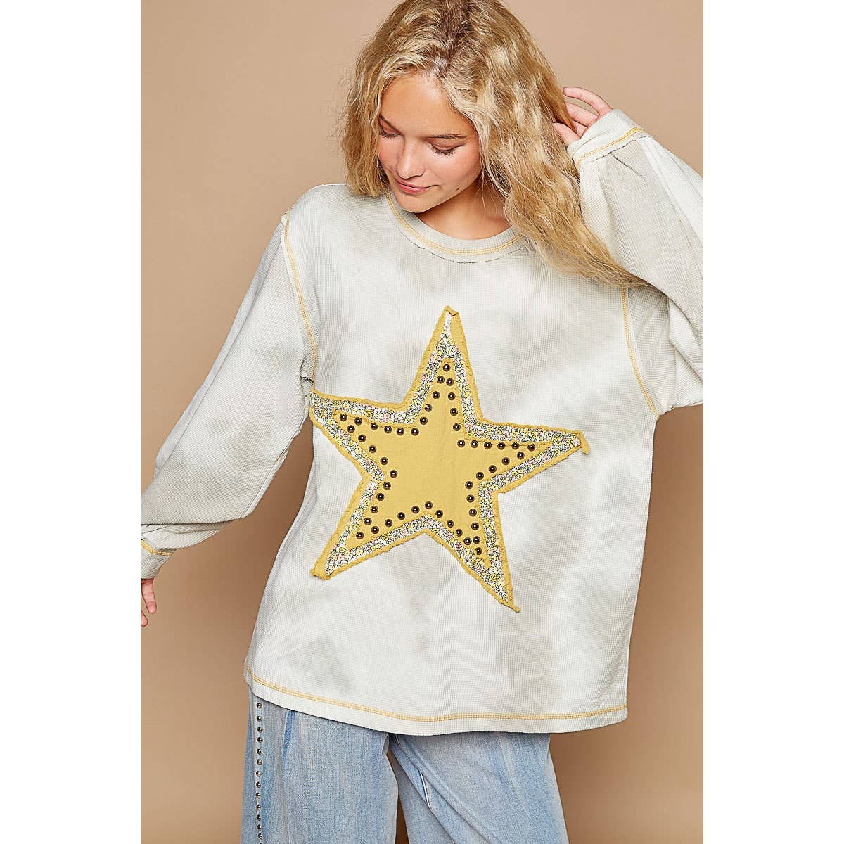 Zoey Vintage Studded Star Patch Top ~ Washed Grey