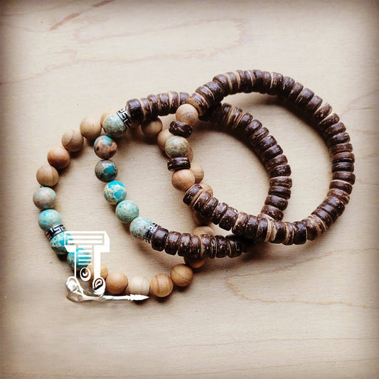 Wood and Imperial Jasper Stretch Bracelet Trio