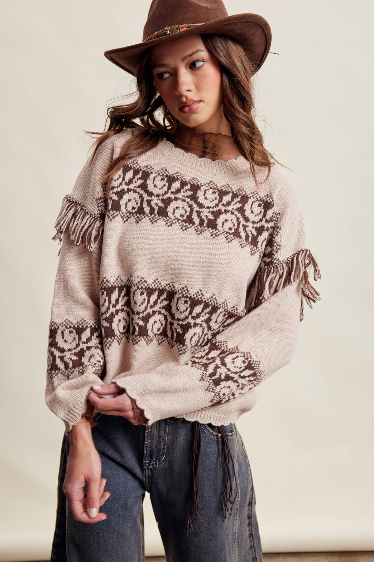 Whitney Western Fringe Pattern Knit Sweater ~ Sand Stone