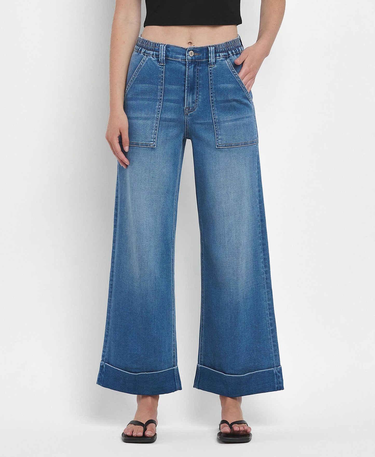 Eva High Rise Double Cuffed Baggy Wide Jeans ~ Dark Denim
