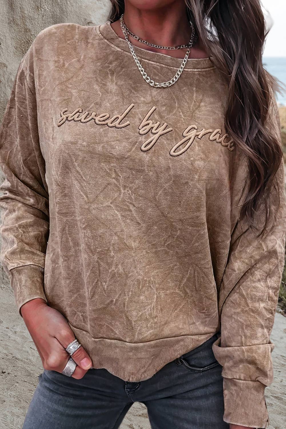 Saved by Grace Embroidery Mineral Wash Pullover ~ Mocha