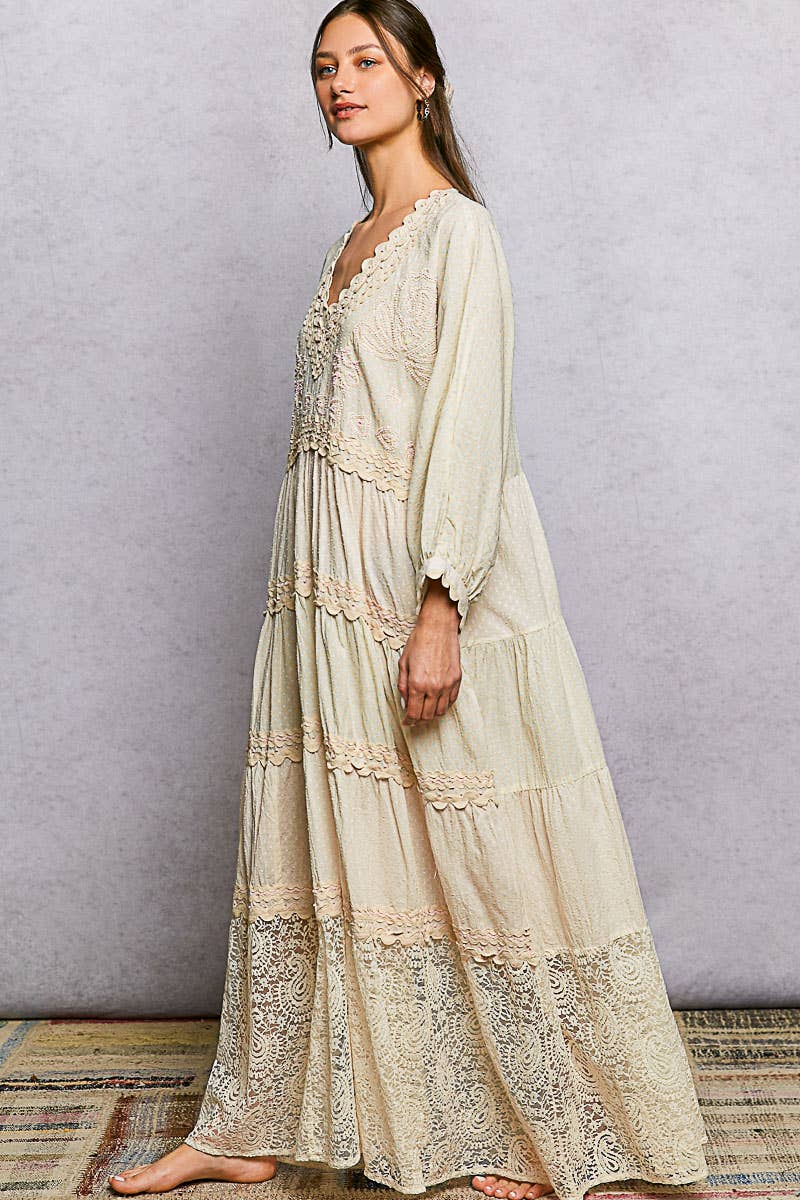 Sidney 3/4 Sleeves Embroidered Lace Romantic Maxi Dress ~ Natural