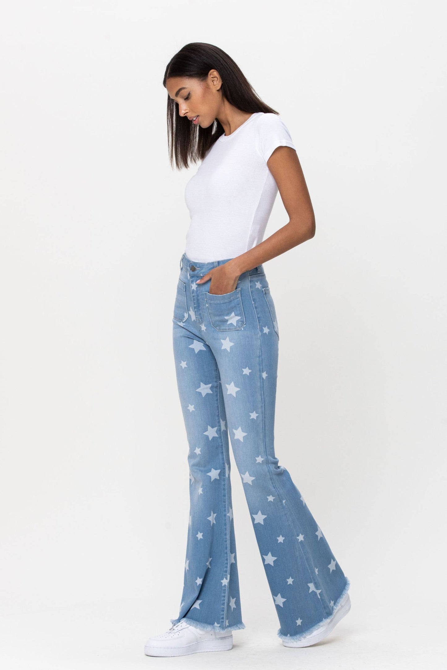 Star Print High Rise Front Pocket Flare Jeans ~ Light Denim