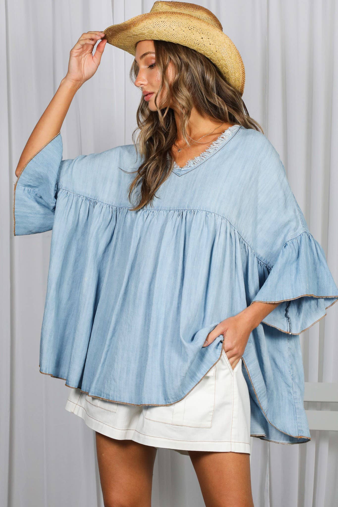 Tia V-Neck Ruffled Tencel Chambray Loose Top ~ Light Denim