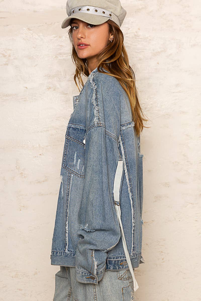 Remma Oversize Patch Detail Frayed Edge Jacket ~ Light Denim