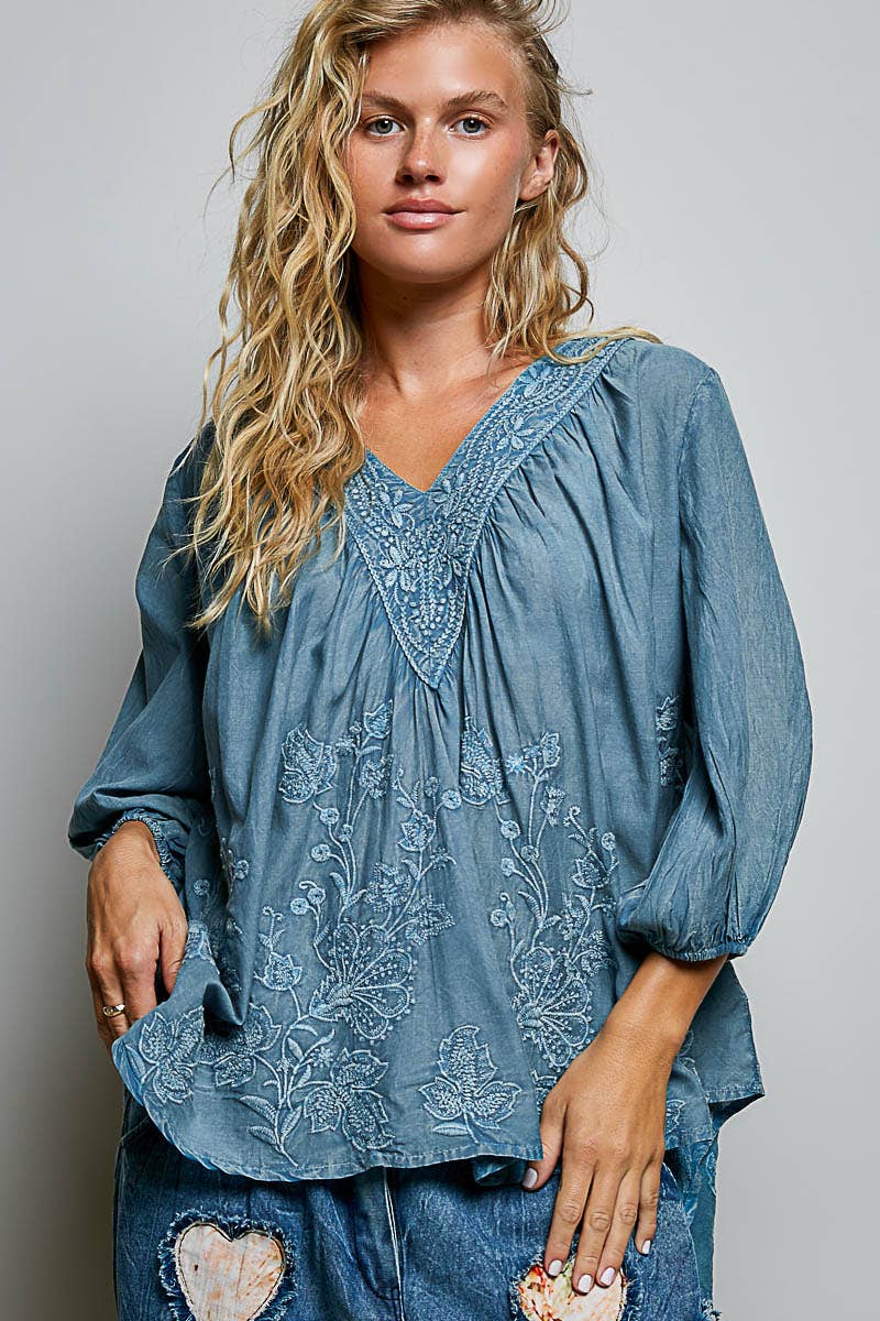 Artisanal Charm Floral Embroidered Blouse V-Neck Top ~ Blue