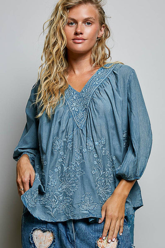 Artisanal Charm Floral Embroidered Blouse V-Neck Top ~ Blue