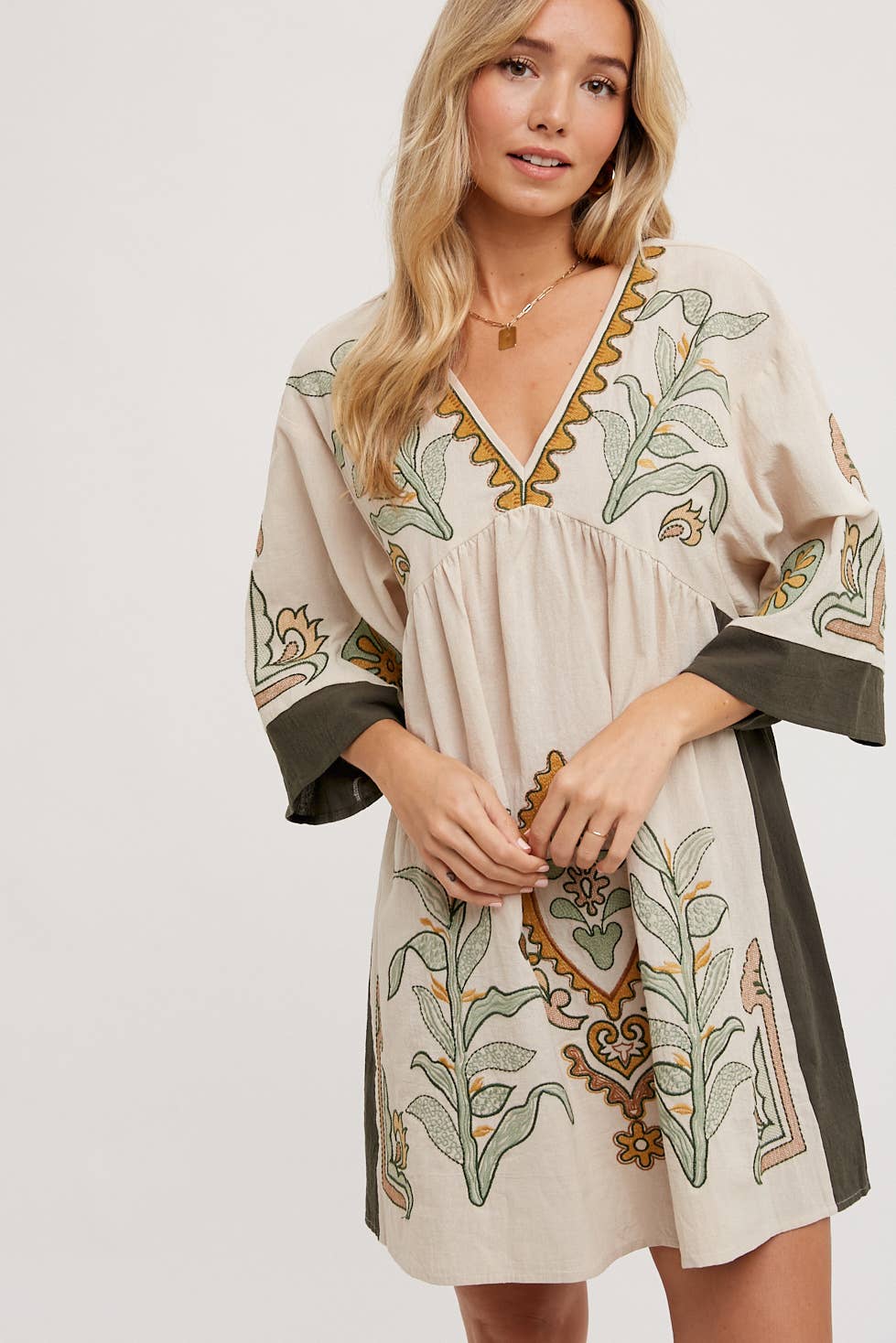 Blair Boho Embroidered V Neck Dress ~ Oatmeal