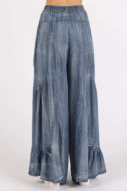 Nellie Washed Tier Detail Wide Leg Pants ~ Chambray