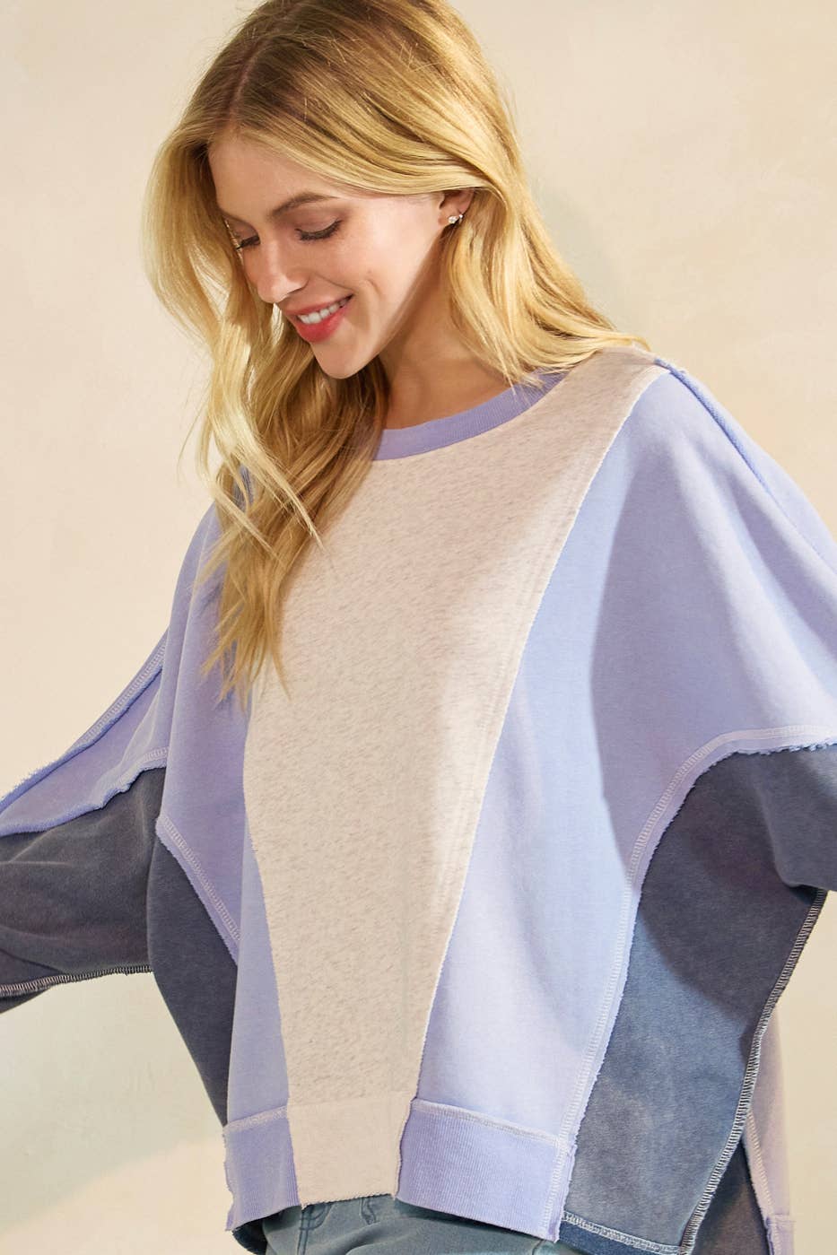 Dolly Mineral Wash Color Block Doman Sleeve Pullover ~ Blue