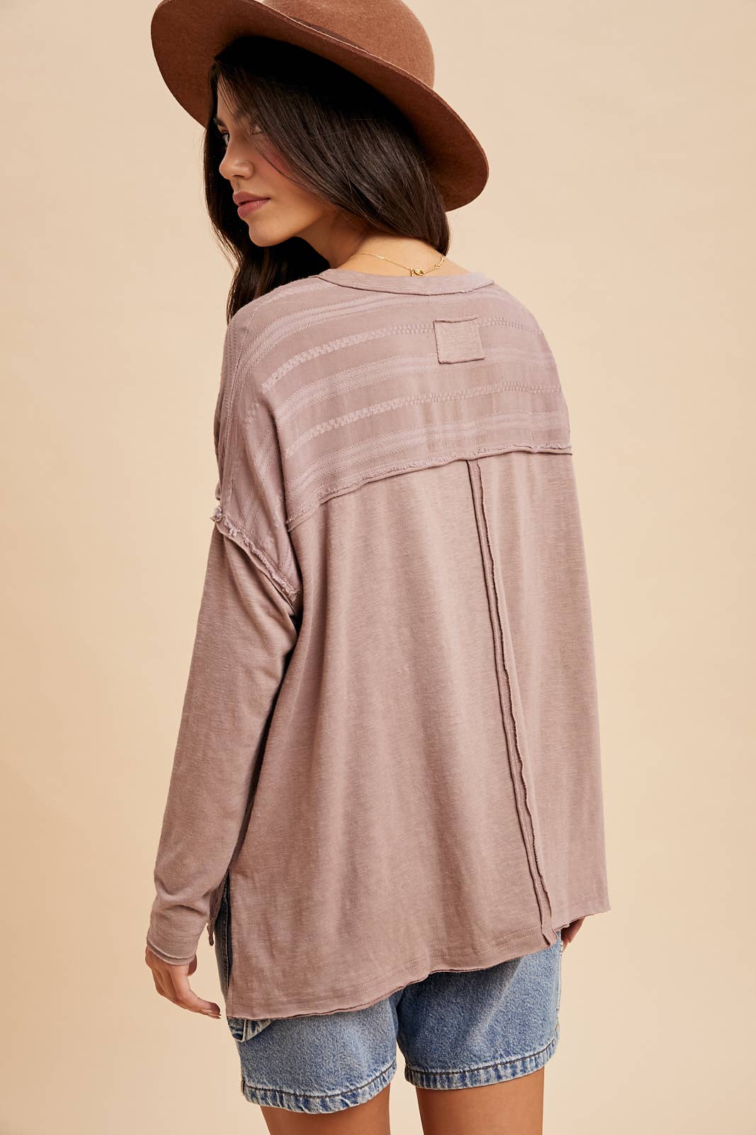 Emily Embroidered Panel Pocket Top ~ Mauve Taupe