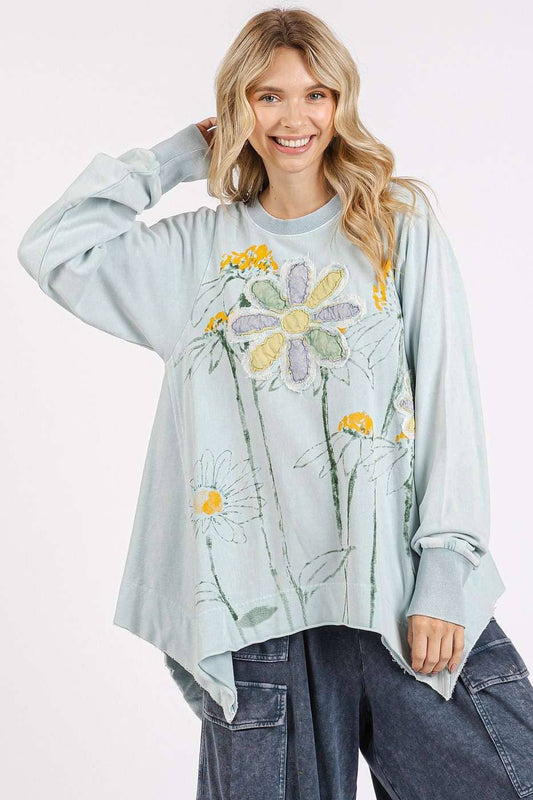 Quinn Flower & Patch Print Top ~ Baby Blue